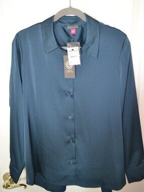 Vince Camuto Satin Button Down Blouse Deep Teal Long Sleeve Size L NWT